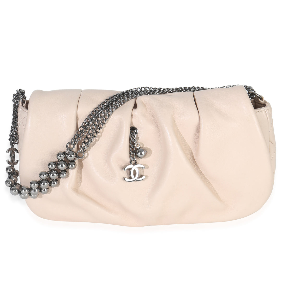 Chanel Beige Pleated Lambskin CC Chain Flap Bag Handbag fv