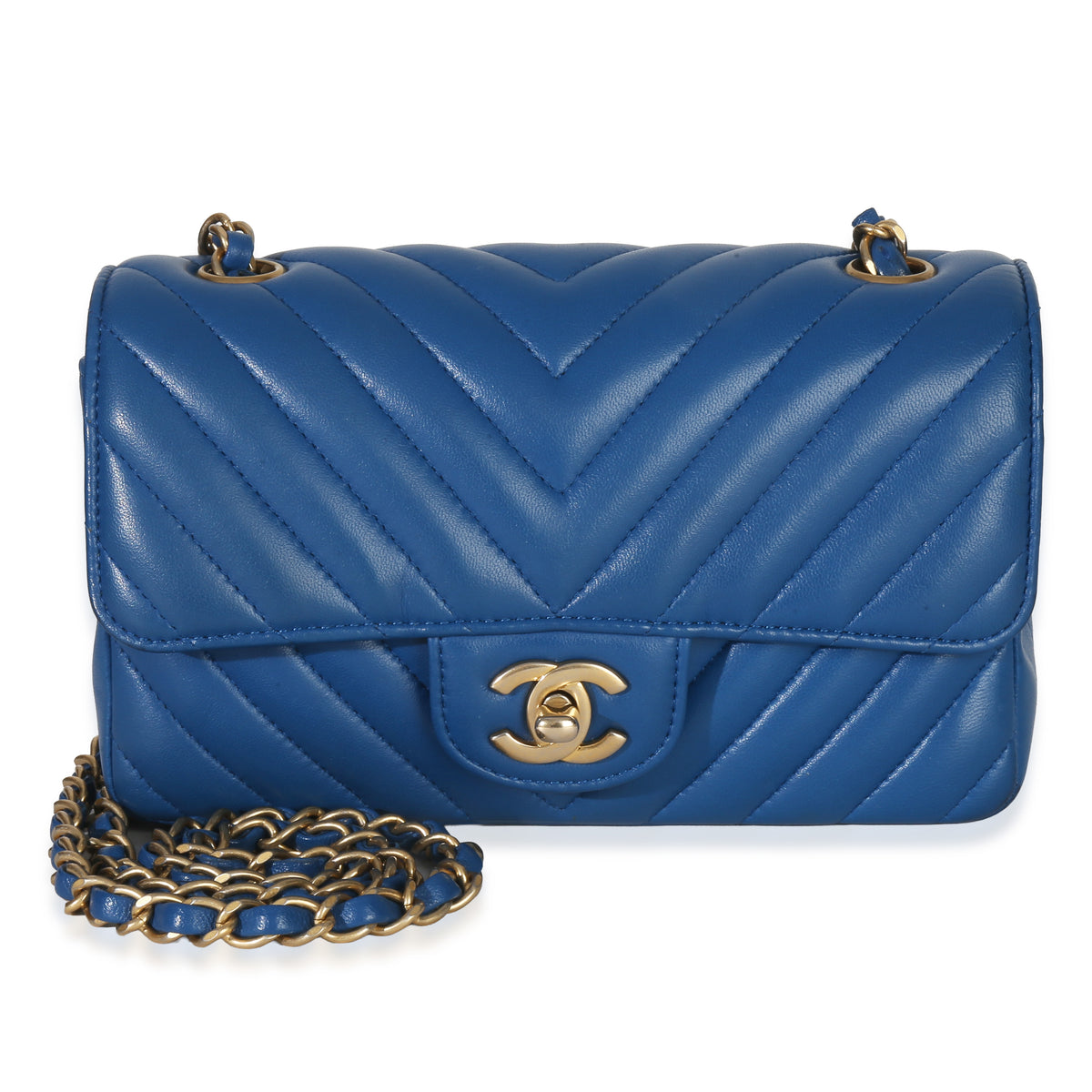 Chanel Blue Lambskin Chevron Mini Rectangular Flap Bag Handbag fv