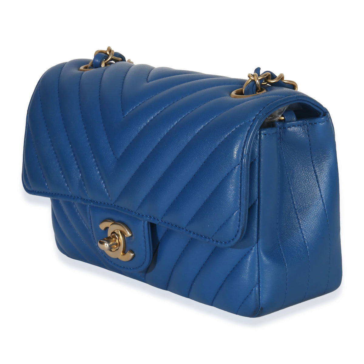 Chanel Blue Lambskin Chevron Mini Rectangular Flap Bag Handbag sv