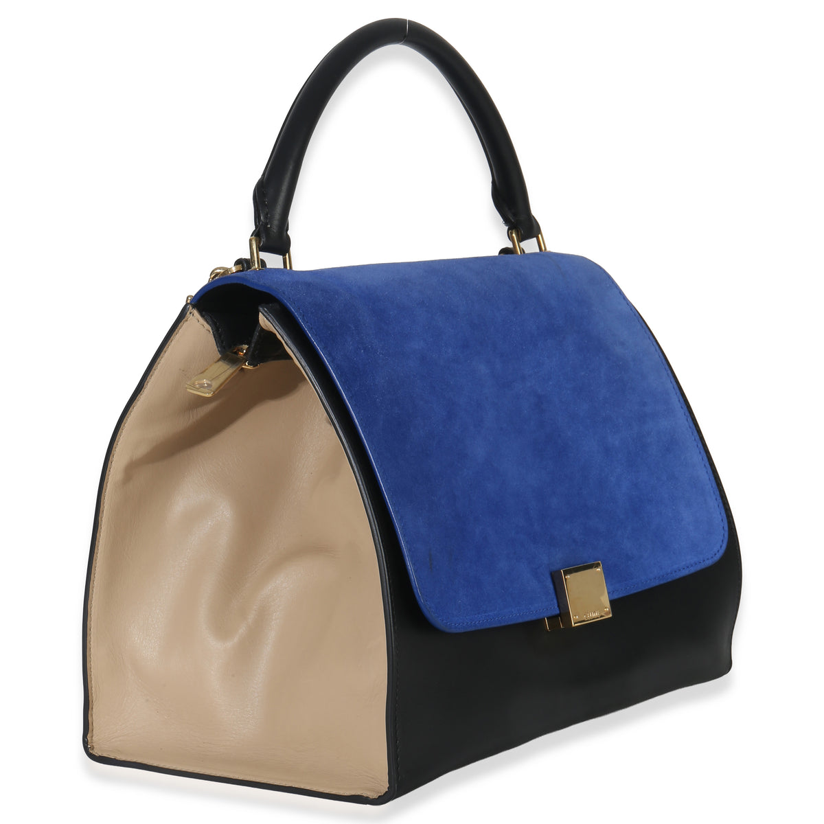 Celine Blue Black Cream Suede Grained Calfskin Small Trapeze Bag Handbag pv