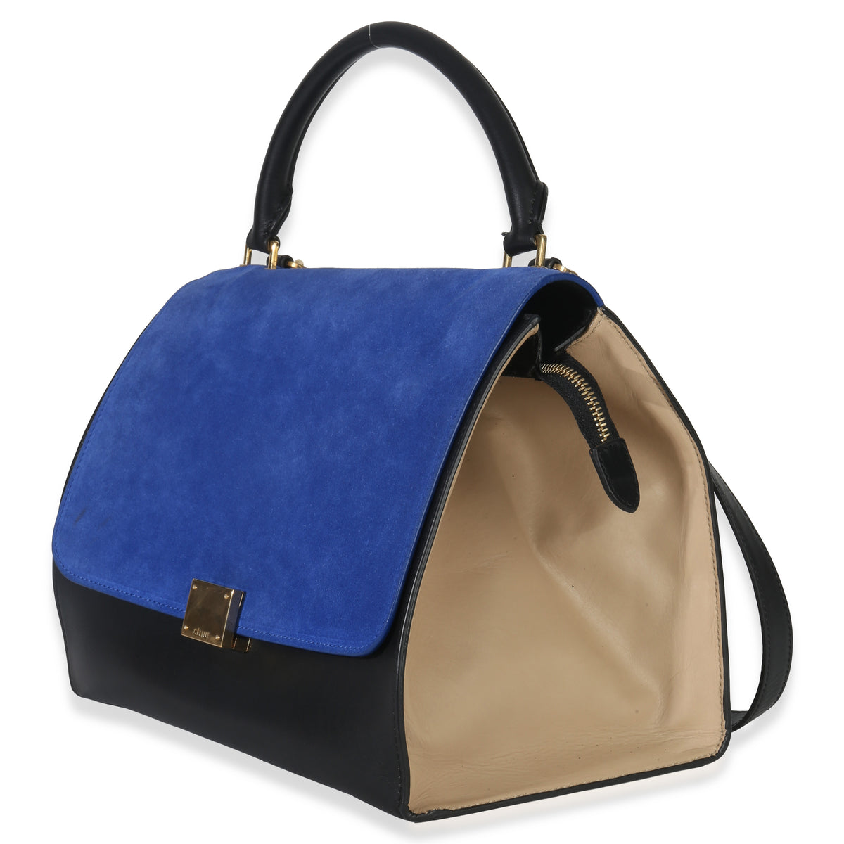 Celine Blue Black Cream Suede Grained Calfskin Small Trapeze Bag Handbag sv