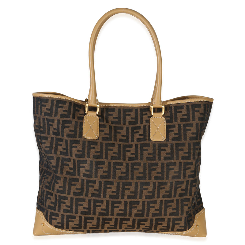 Fendi Beige Tobacco Leather Zucca FF Shoulder Tote Handbag id