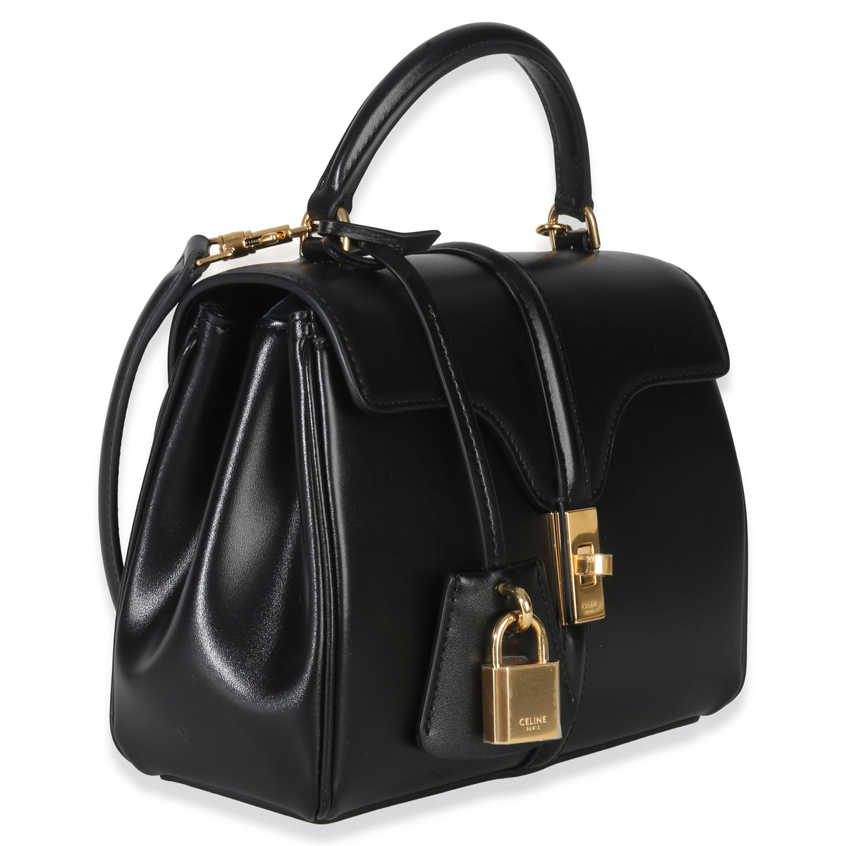 Celine Black Satinated Calfskin Mini 16 Top Handle Bag Handbag pv