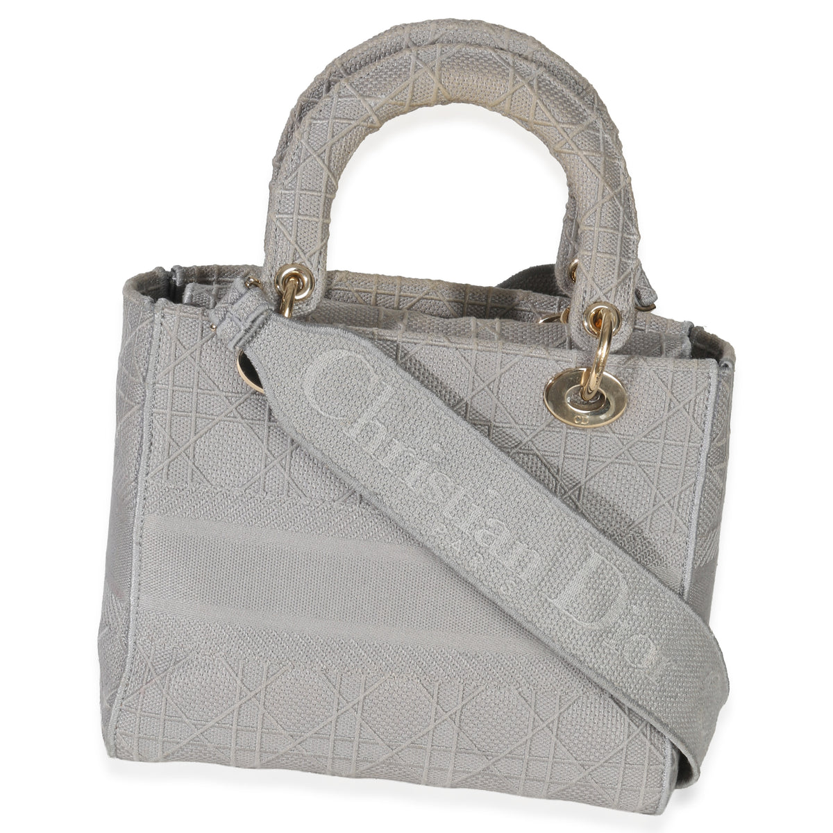 Christian Dior Gray Canvas Cannage Embroidered Medium Lady D Lite Bag Handbag bv