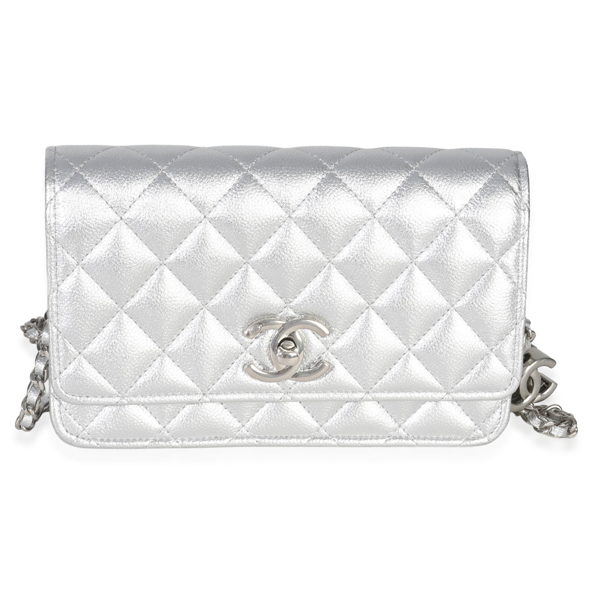 Chanel Silver Metallic Quilted Caviar Wallet On Chain Handbag id
