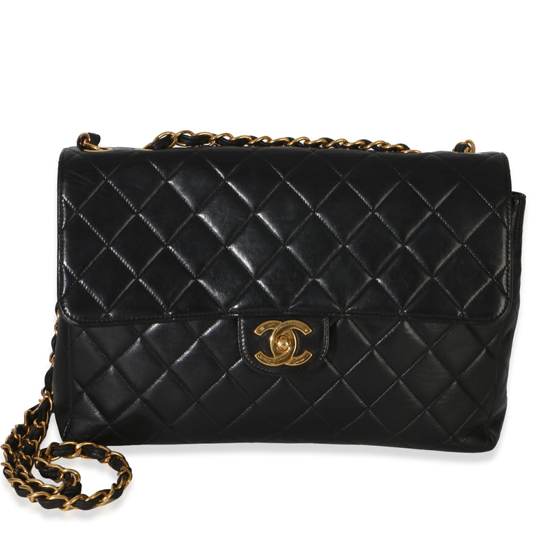 Chanel Vintage 24k Black Quilted Lambskin Jumbo Single Flap Handbag fv