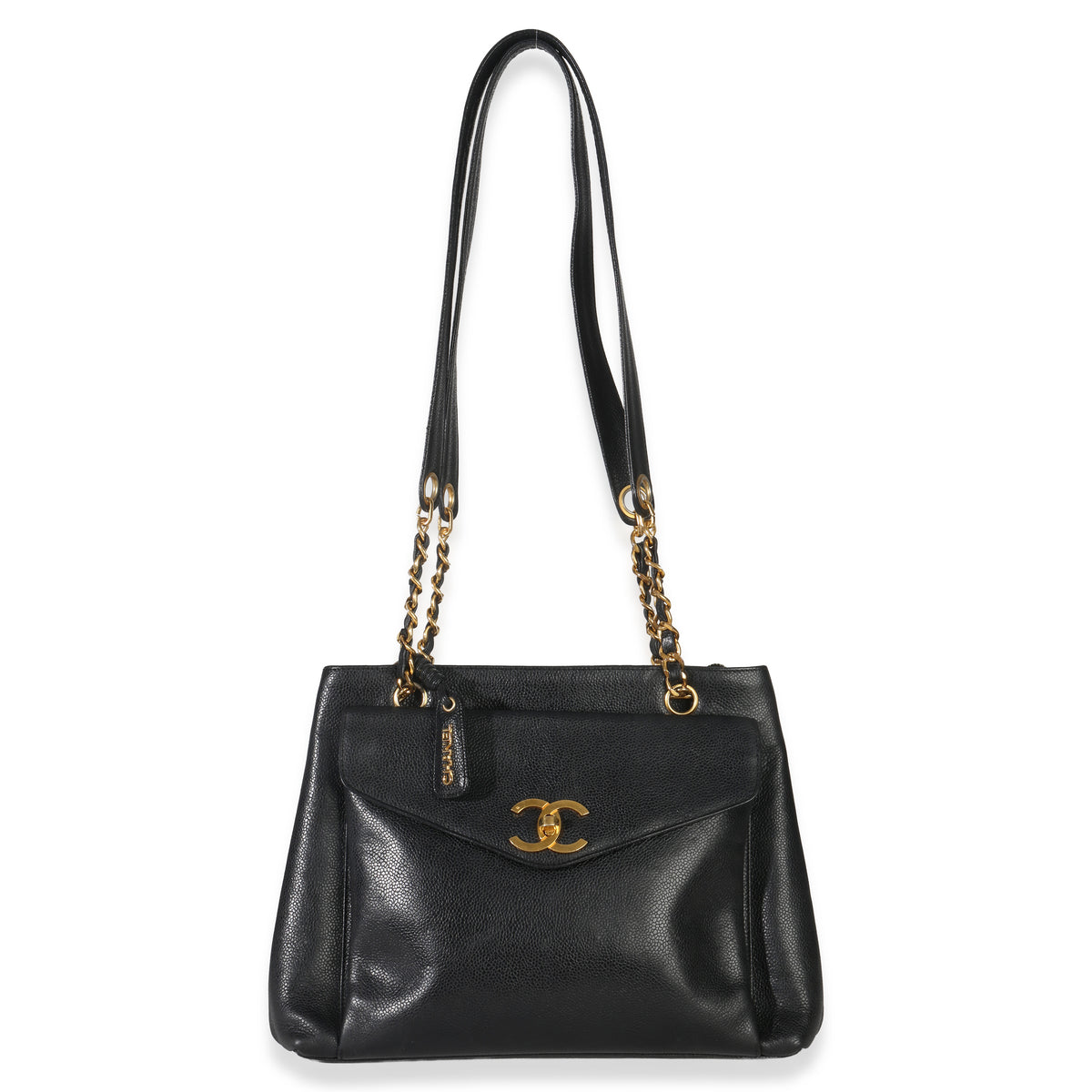 Chanel Vintage 24k Black Caviar Envelope Front Pocket Chain Tote Handbag av