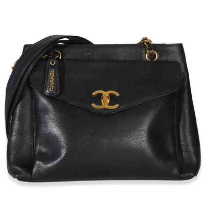 Chanel Vintage 24k Black Caviar Envelope Front Pocket Chain Tote Handbag fv