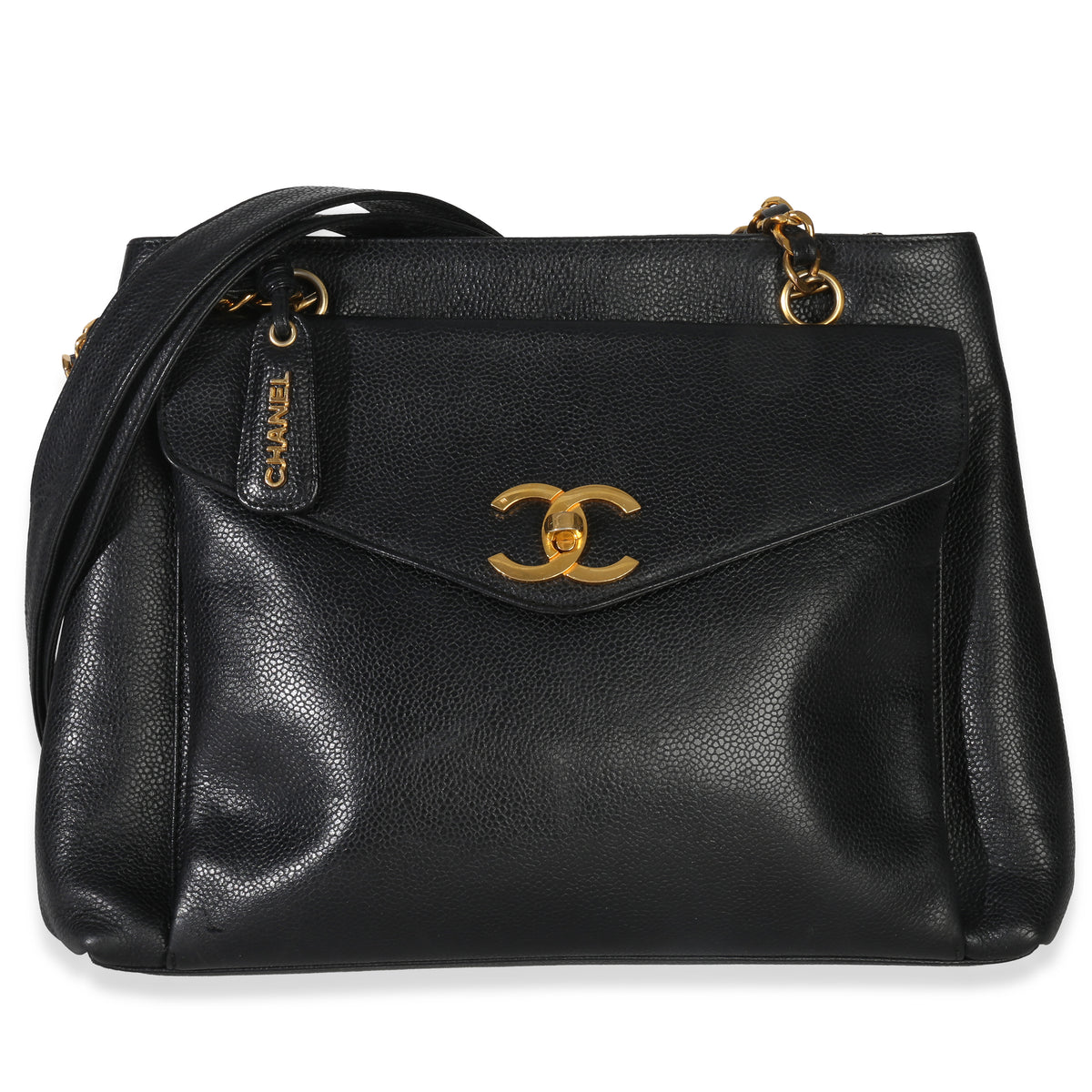 Chanel Vintage 24k Black Caviar Envelope Front Pocket Chain Tote Handbag fv