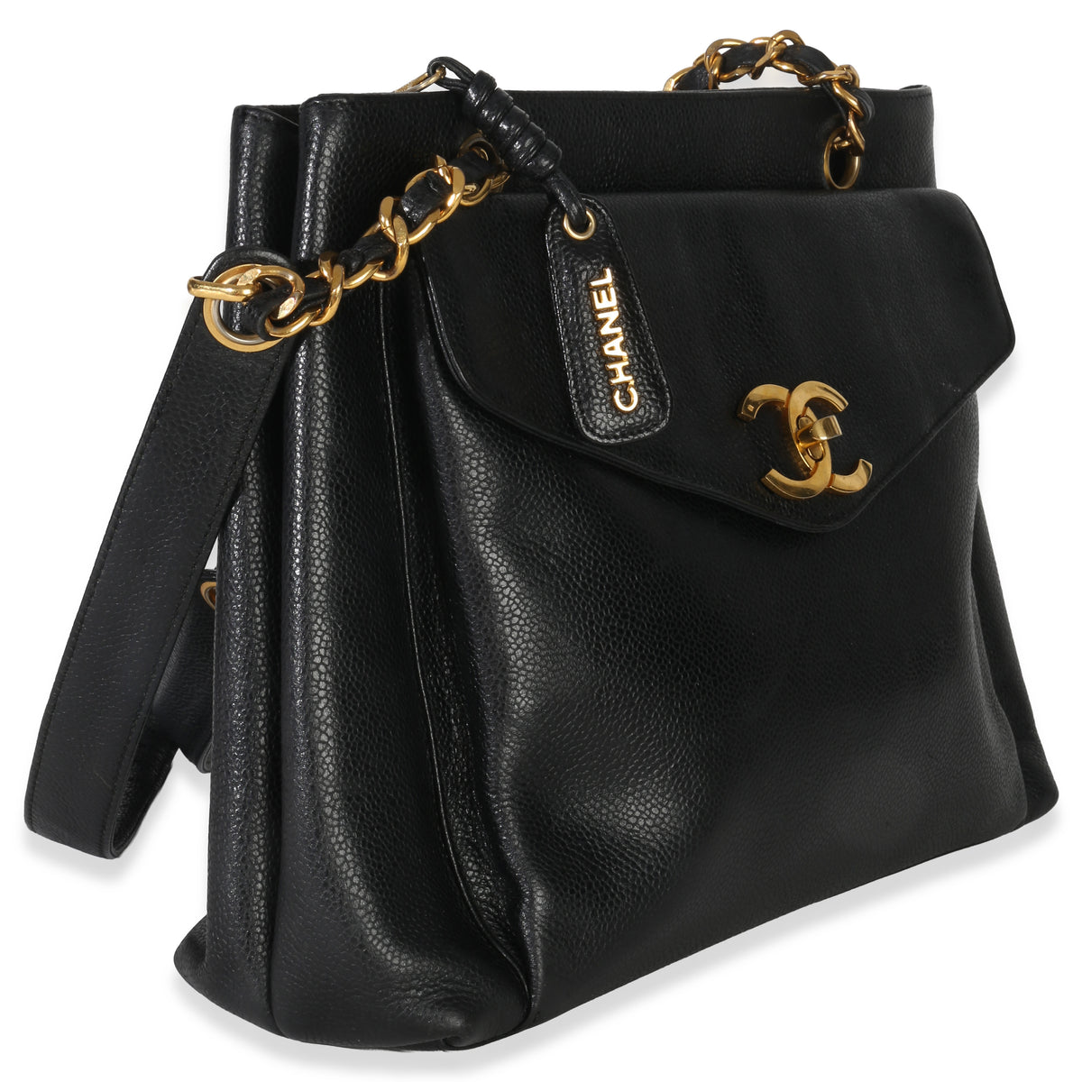 Chanel Vintage 24k Black Caviar Envelope Front Pocket Chain Tote Handbag pv