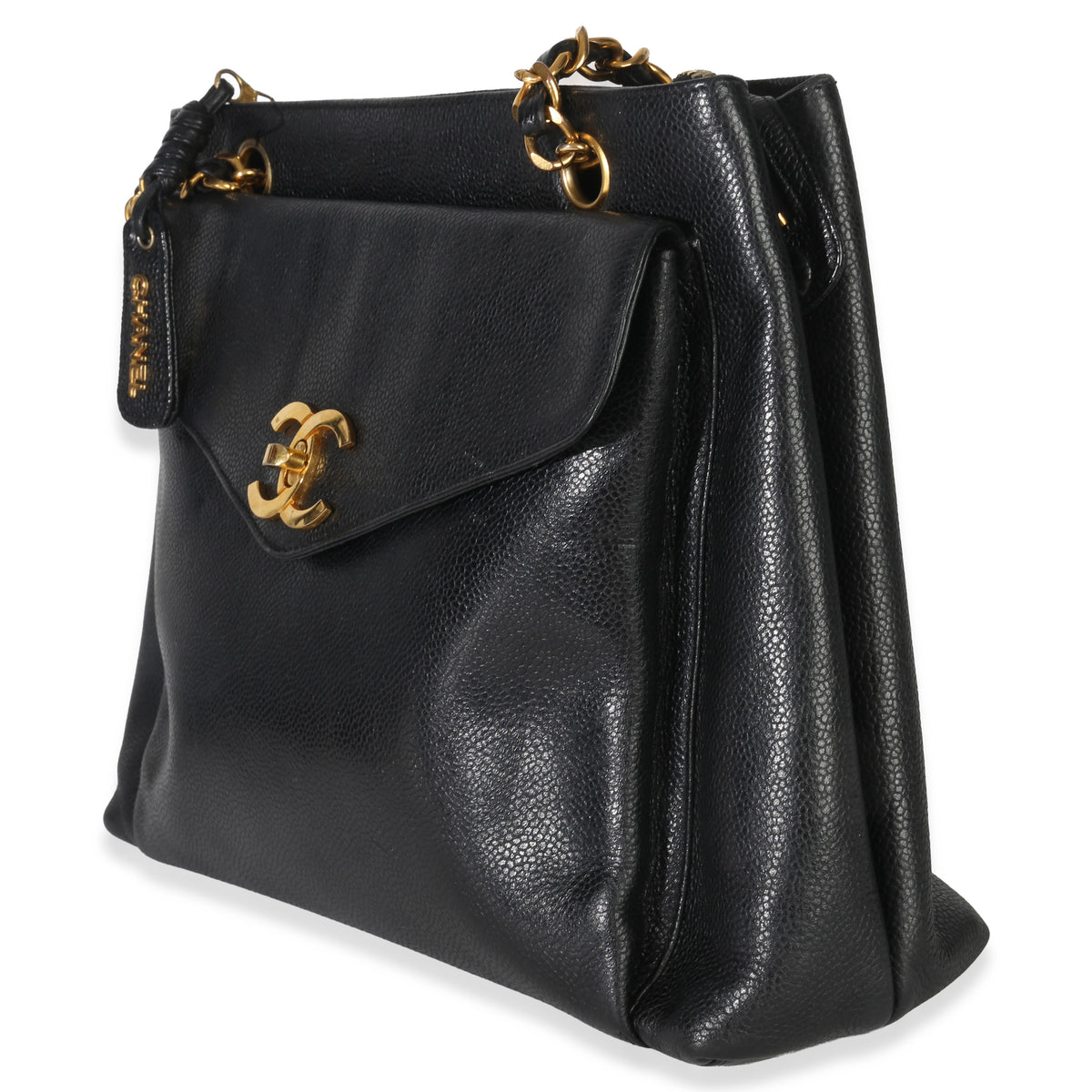 Chanel Vintage 24k Black Caviar Envelope Front Pocket Chain Tote Handbag sv