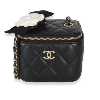 Chanel Black Quilted Lambskin Camelia Bow Chain Mini Vanity Case Handbag id
