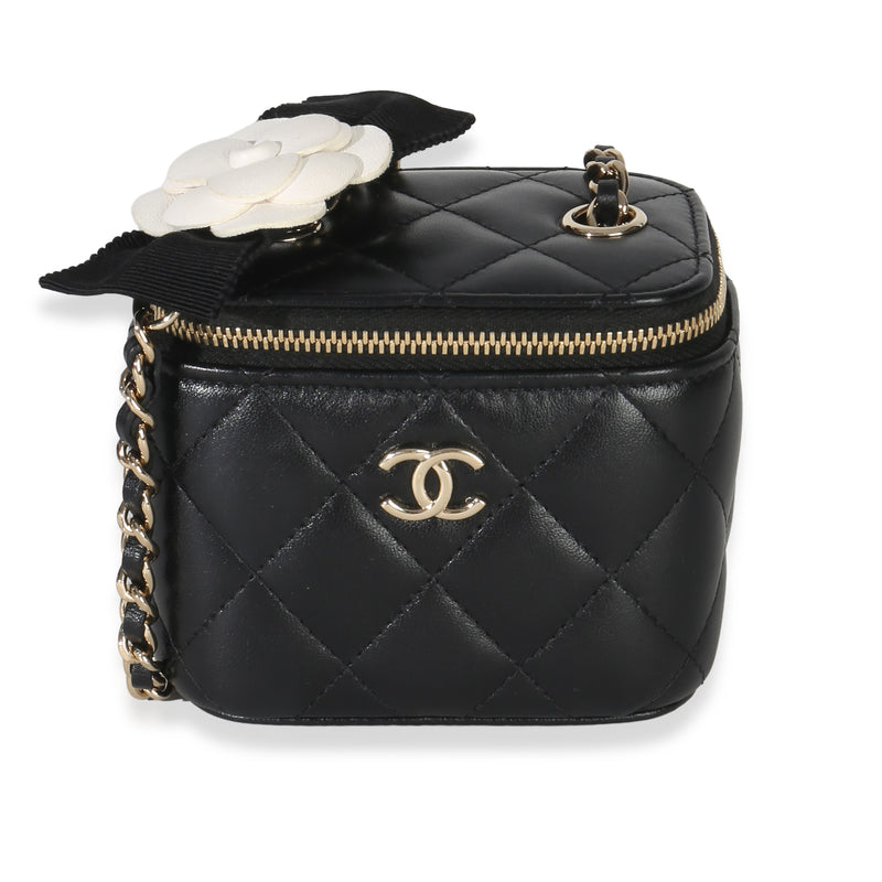 Chanel Black Quilted Lambskin Camelia Bow Chain Mini Vanity Case Handbag id