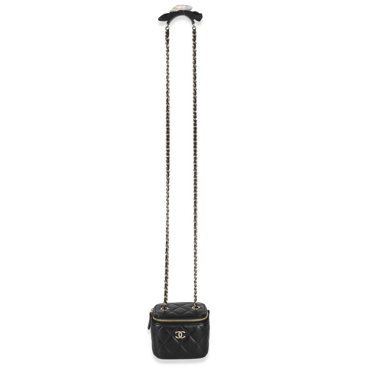 Chanel Black Quilted Lambskin Camellia Bow Chain Mini Vanity Case Handbag av