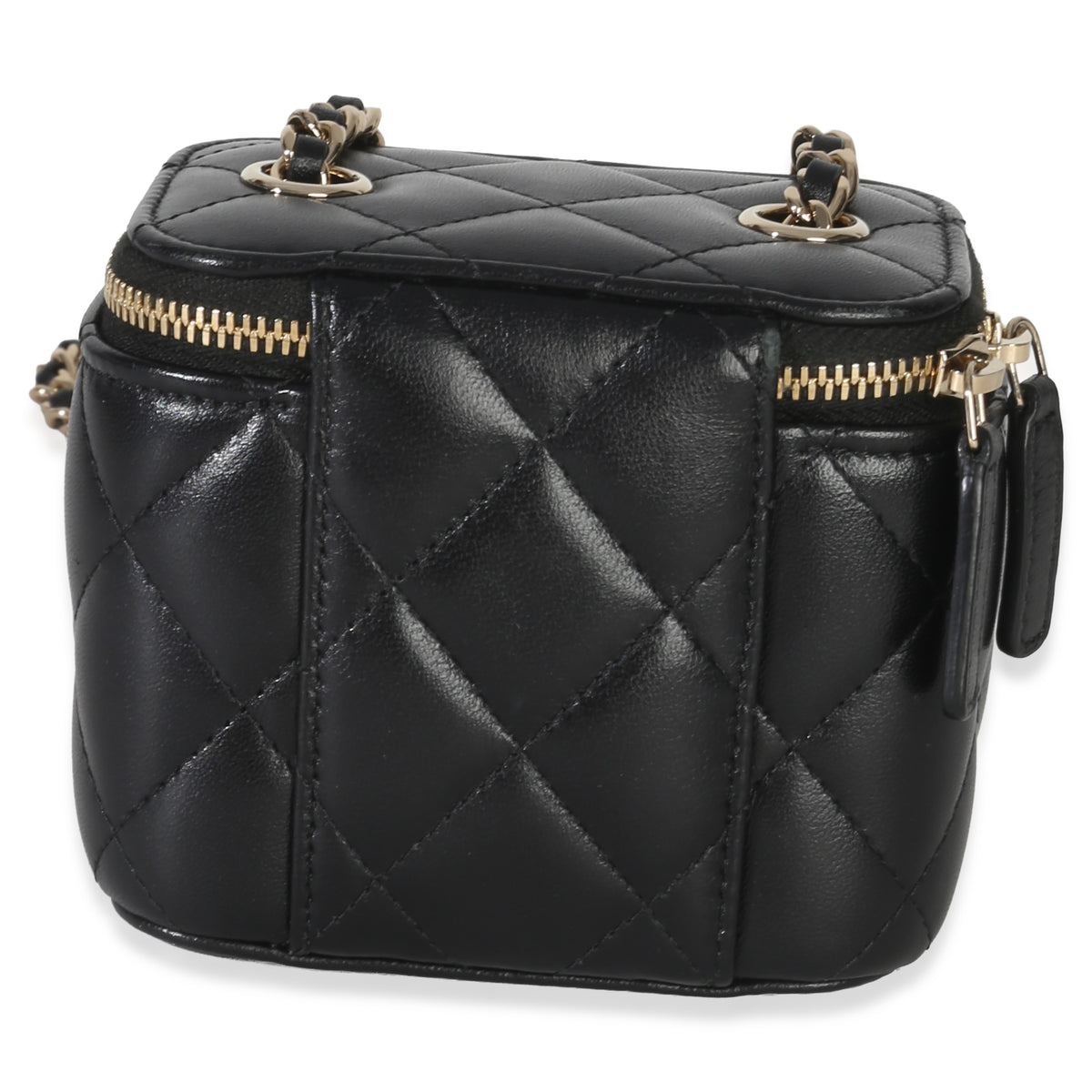Chanel Black Quilted Lambskin Camellia Bow Chain Mini Vanity Case Handbag bv