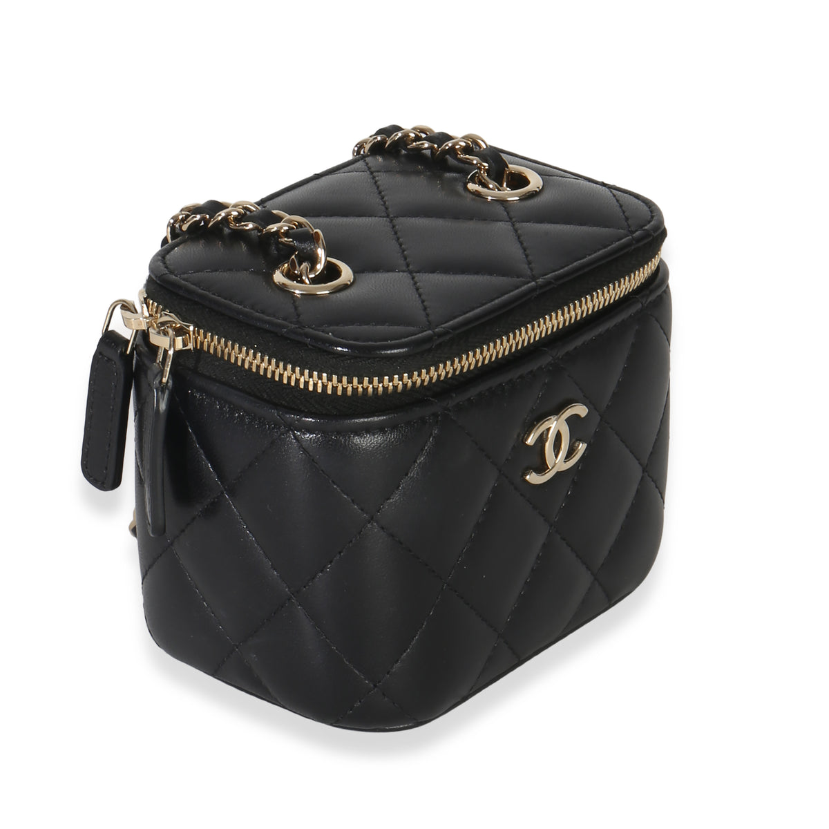 Chanel Black Quilted Lambskin Camellia Bow Chain Mini Vanity Case Handbag pv