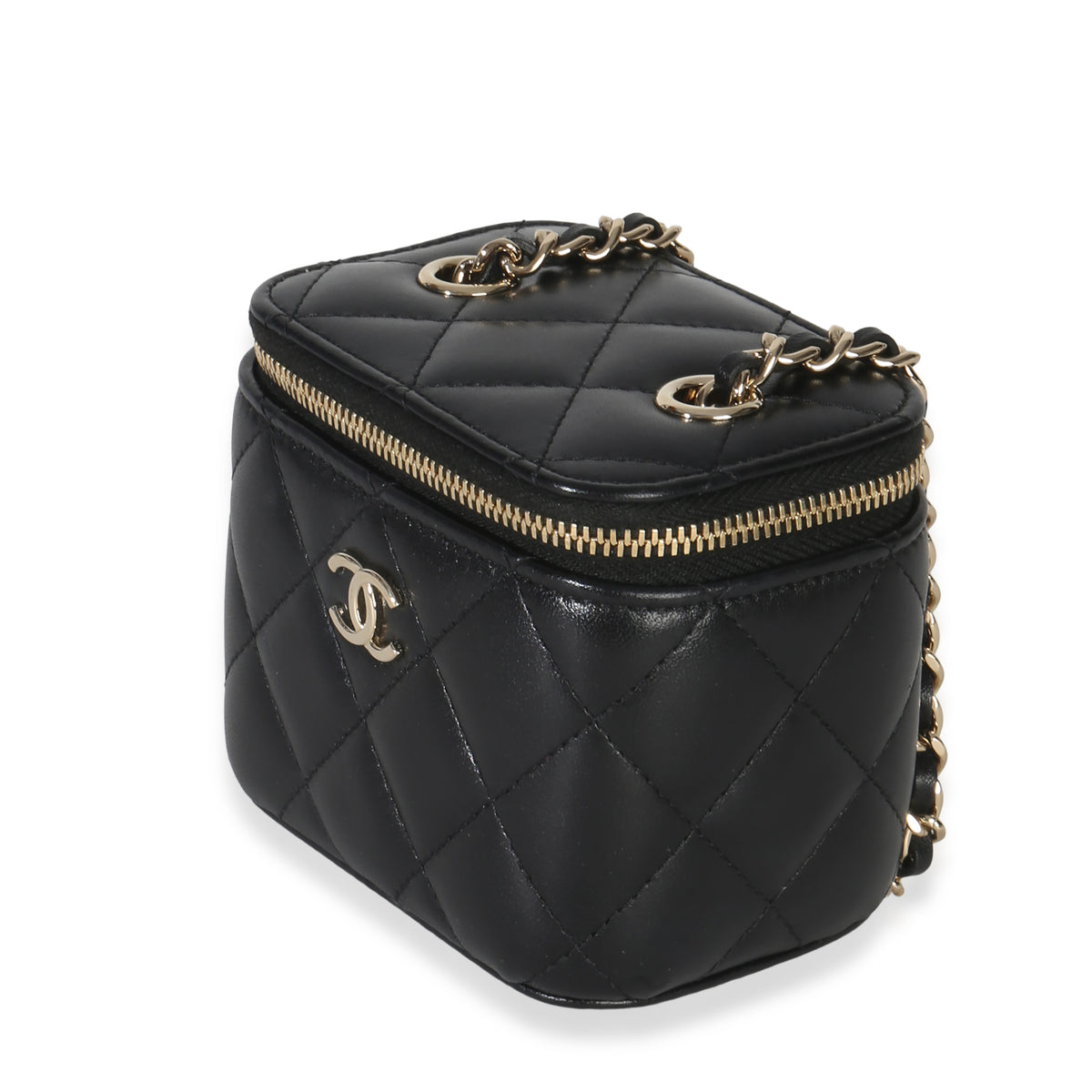Chanel Black Quilted Lambskin Camellia Bow Chain Mini Vanity Case Handbag sv