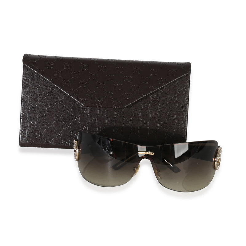 Gucci Brown Acetate Crystal GG Logo Rimless Shield Sunglasses id