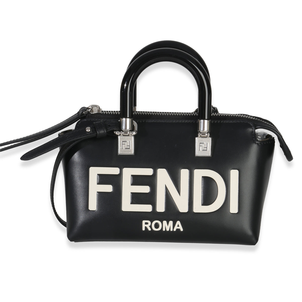 Fendi Black White Vitello King Logo Embossed Plexiglass Mini By The Way Satchel Handbag fv