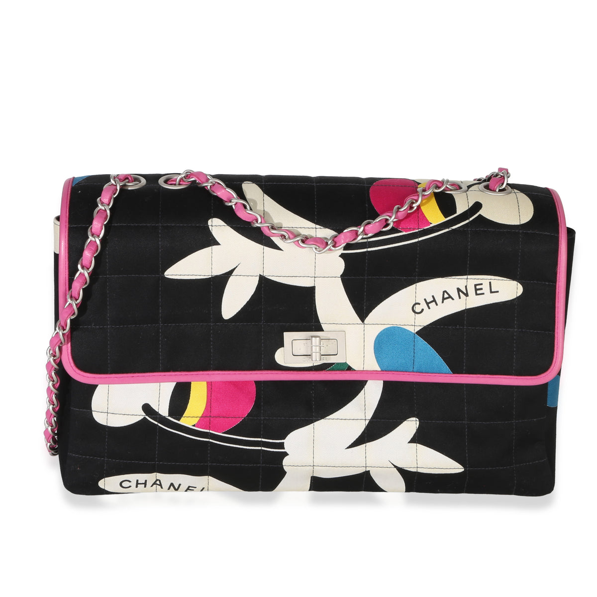 Chanel Black Printed Chocolate Bar Quilted Fabric 2.55 Reissue Flap Handbag fv
