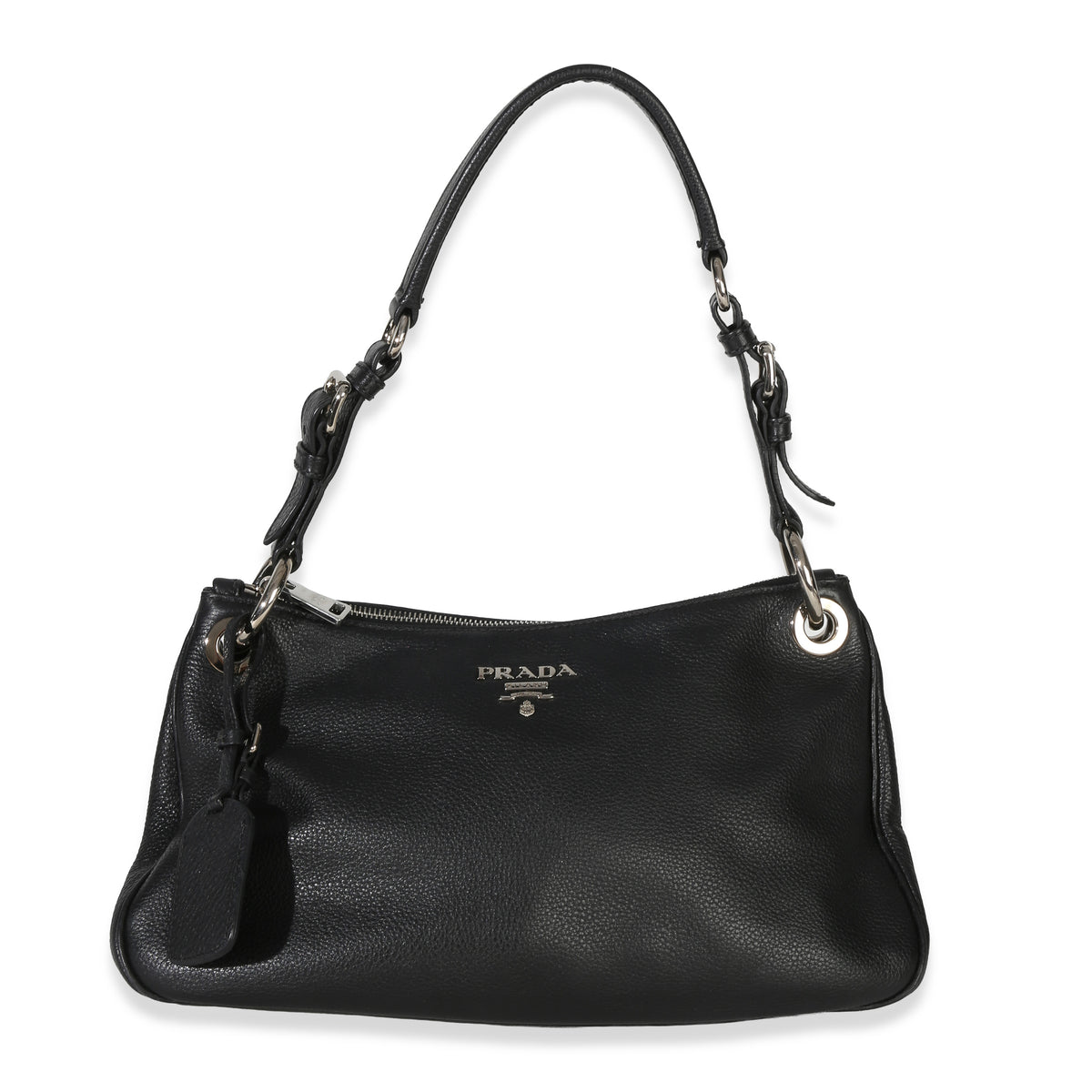 Prada Black Vitello Phenix Logo Shoulder Bag Handbag fv