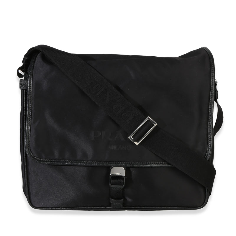 Prada Black Nylon Saffiano Logo Buckle Messenger Bag Handbag fv