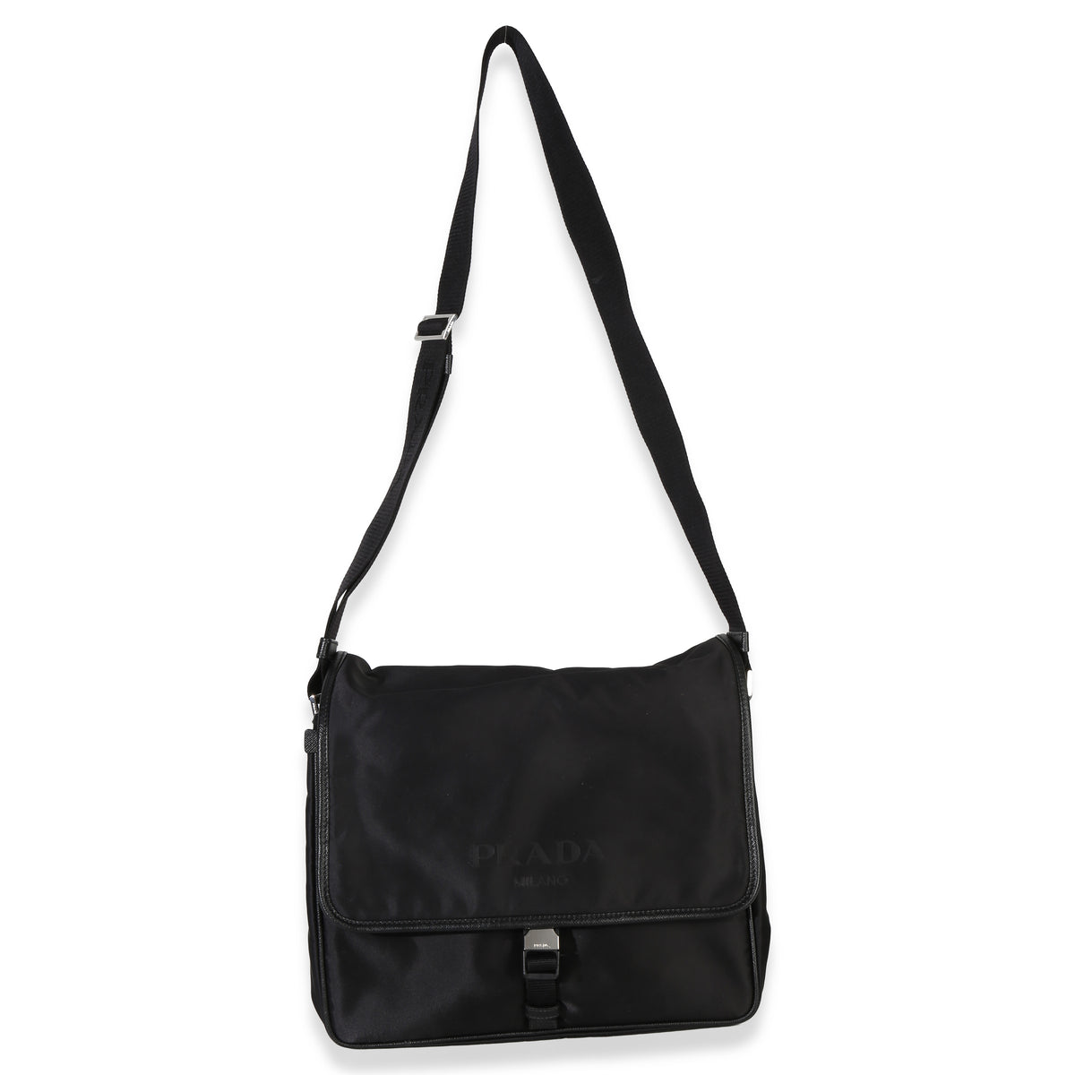 Prada Black Nylon Saffiano Logo Buckle Messenger Bag Handbag av