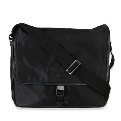 Prada Black Nylon Saffiano Logo Buckle Messenger Bag Handbag fv