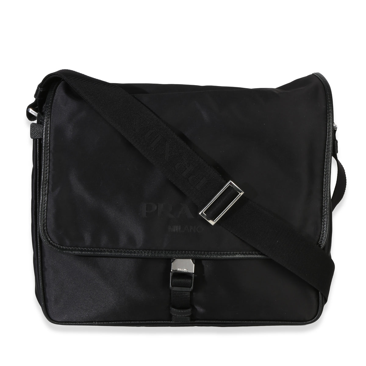 Prada Black Nylon Saffiano Logo Buckle Messenger Bag Handbag fv