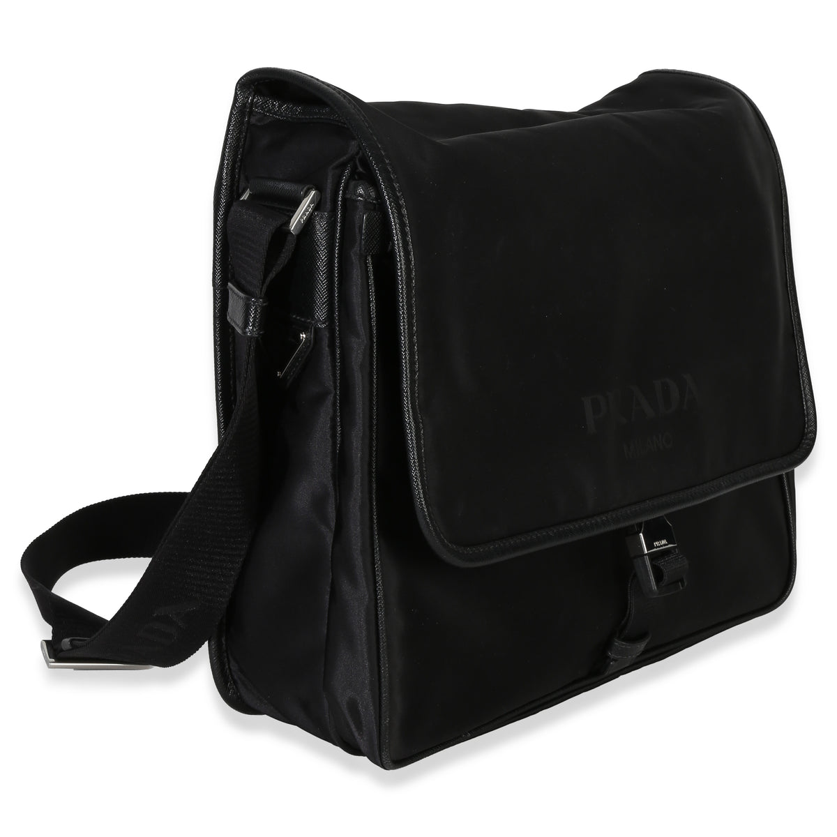 Prada Black Nylon Saffiano Logo Buckle Messenger Bag Handbag pv