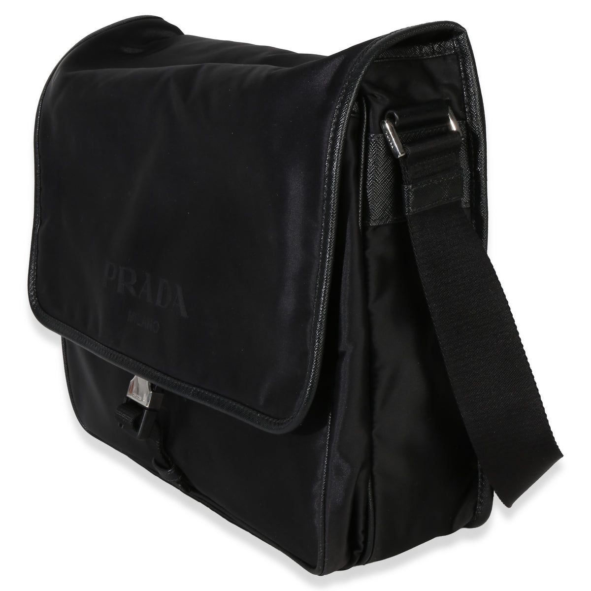 Prada Black Nylon Saffiano Logo Buckle Messenger Bag Handbag sv