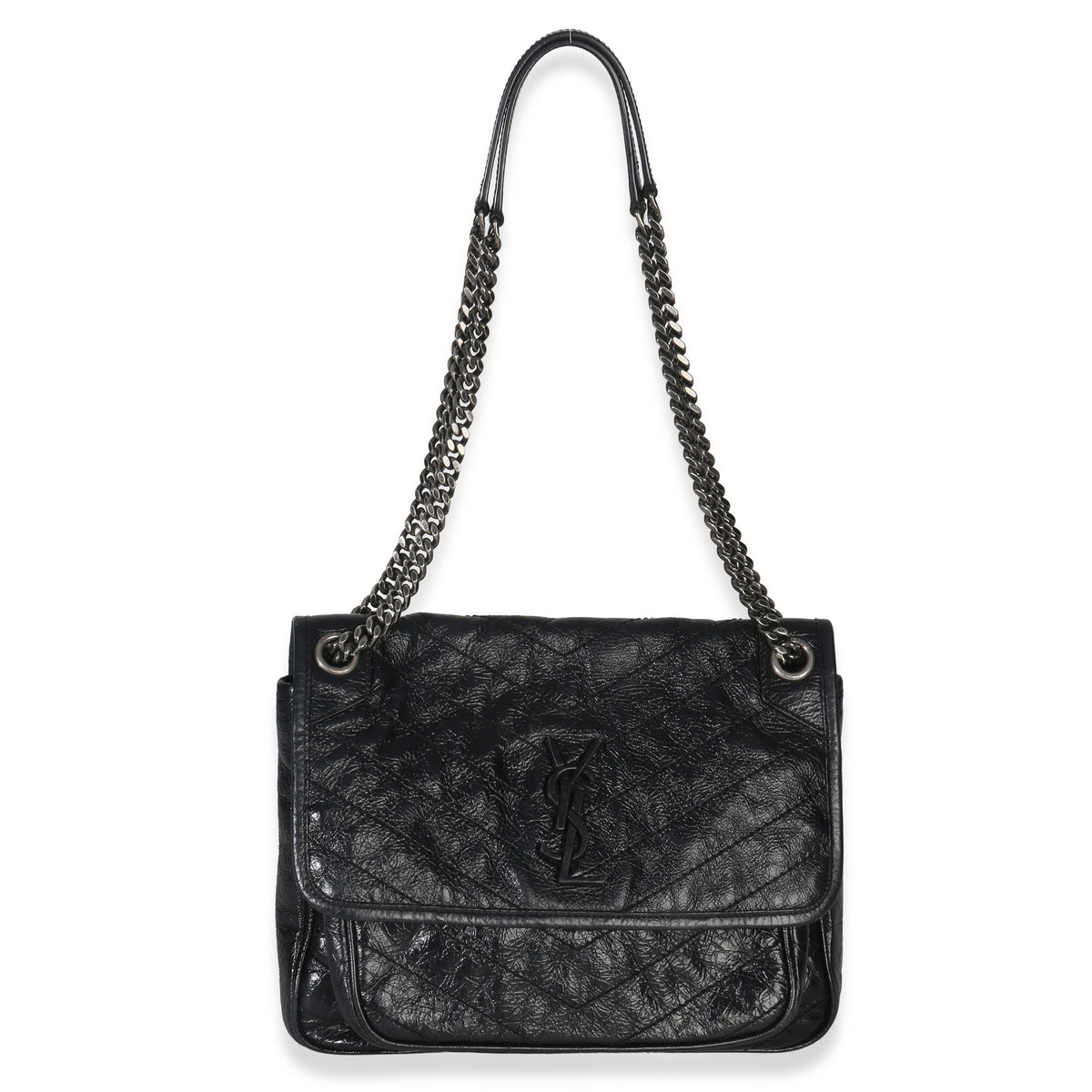 Saint Laurent Black Crinkled Calfskin Matelasse Medium Niki Chain Satchel Handbag av