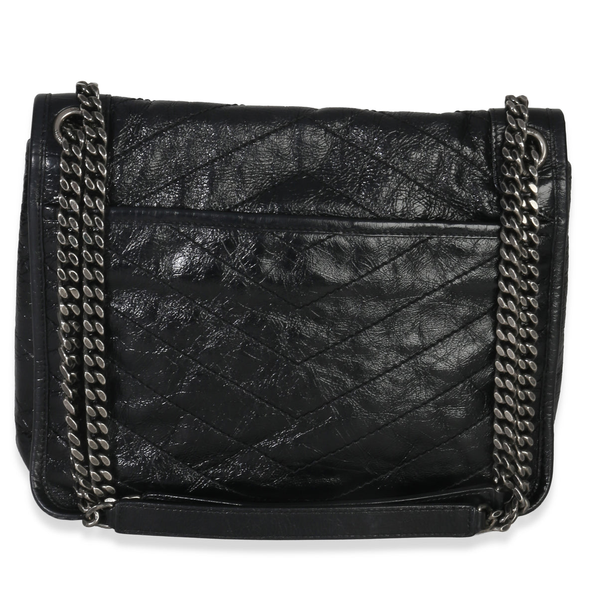 Saint Laurent Black Crinkled Calfskin Matelasse Medium Niki Chain Satchel Handbag bv
