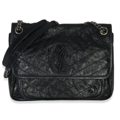 Saint Laurent Black Crinkled Calfskin Matelasse Medium Niki Chain Satchel Handbag fv
