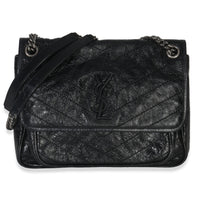 Saint Laurent Black Crinkled Calfskin Matelasse Medium Niki Chain Satchel Handbag fv