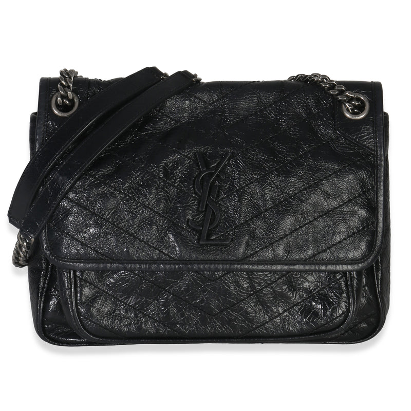 Saint Laurent Black Crinkled Calfskin Matelasse Medium Niki Chain Satchel Handbag fv
