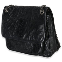 Saint Laurent Black Crinkled Calfskin Matelasse Medium Niki Chain Satchel Handbag sv