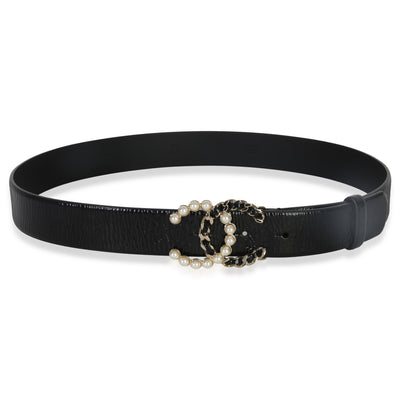 Chanel Black Crumpled Calfskin Pearl CC Buckle Belt 85/34 fv
