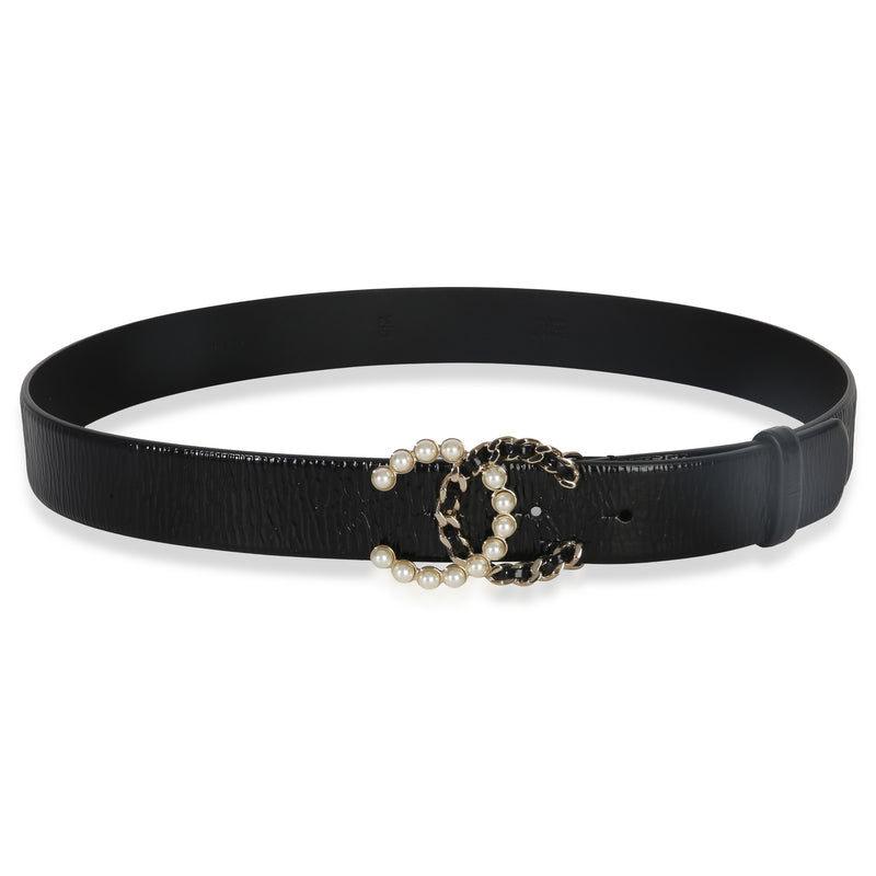 Chanel Black Crumpled Calfskin Pearl CC Buckle Belt 85/34 fv