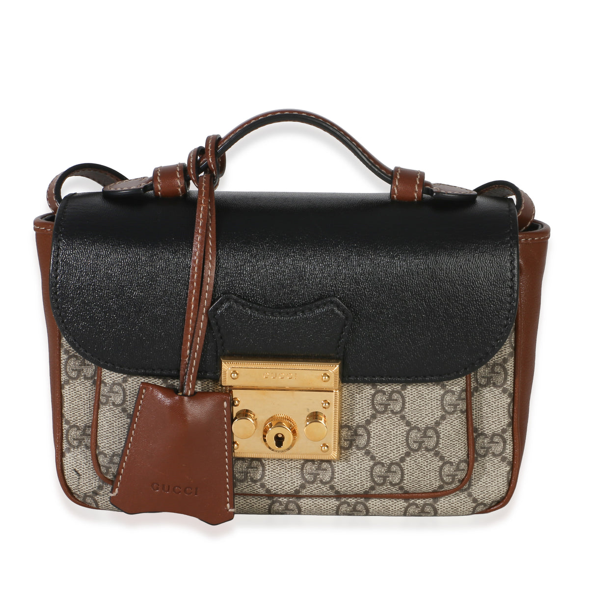 Gucci Black Ebony GG Supreme Monogram Calfskin New Sakai Mini Padlock Bag Handbag fv
