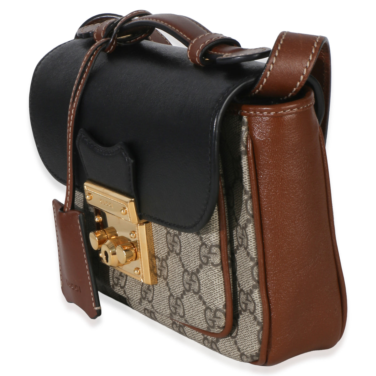 Gucci Black Ebony GG Supreme Monogram Calfskin New Sakai Mini Padlock Bag Handbag sv