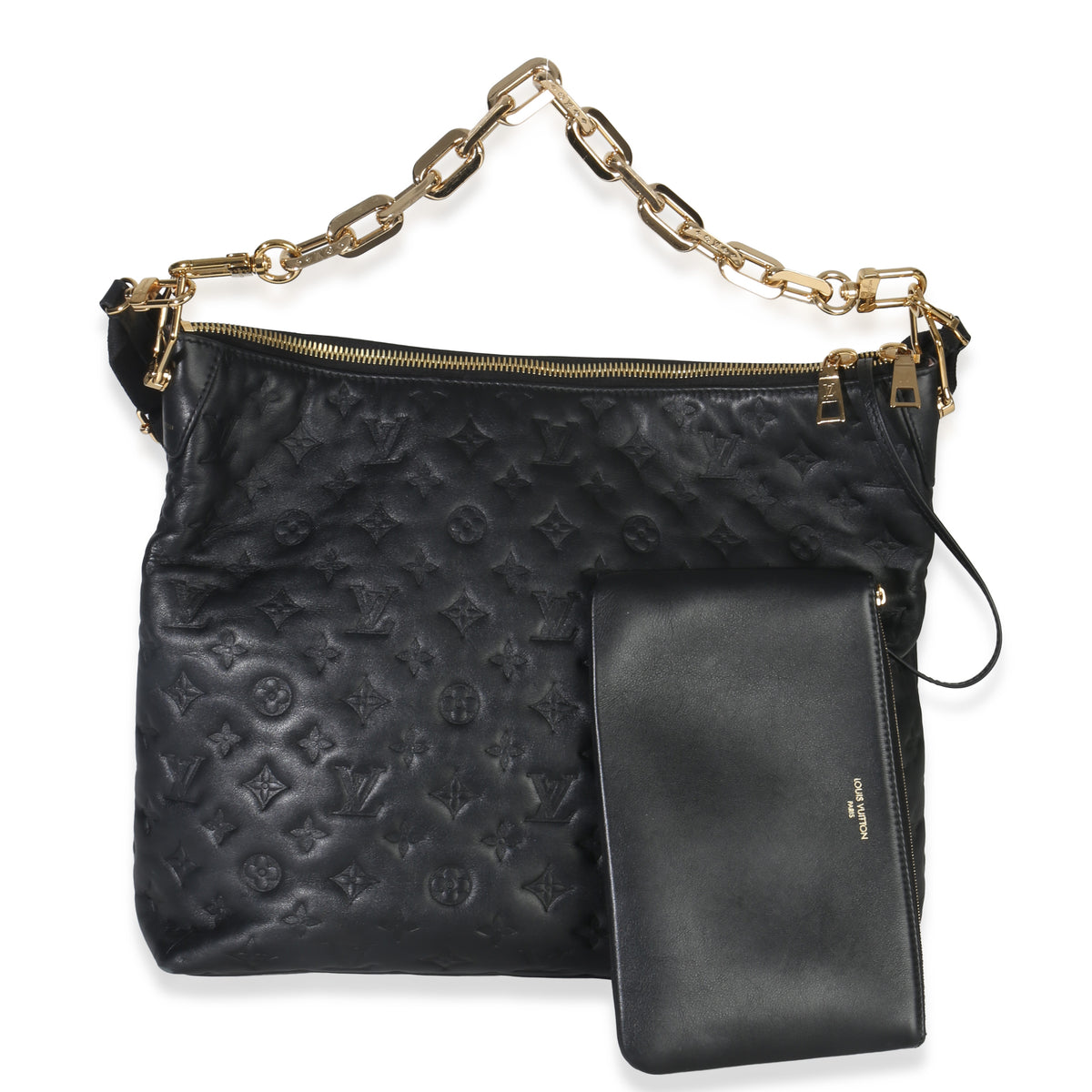 Louis Vuitton Black Monogram Embossed Lambskin Coussin MM Hobo Handbag fv
