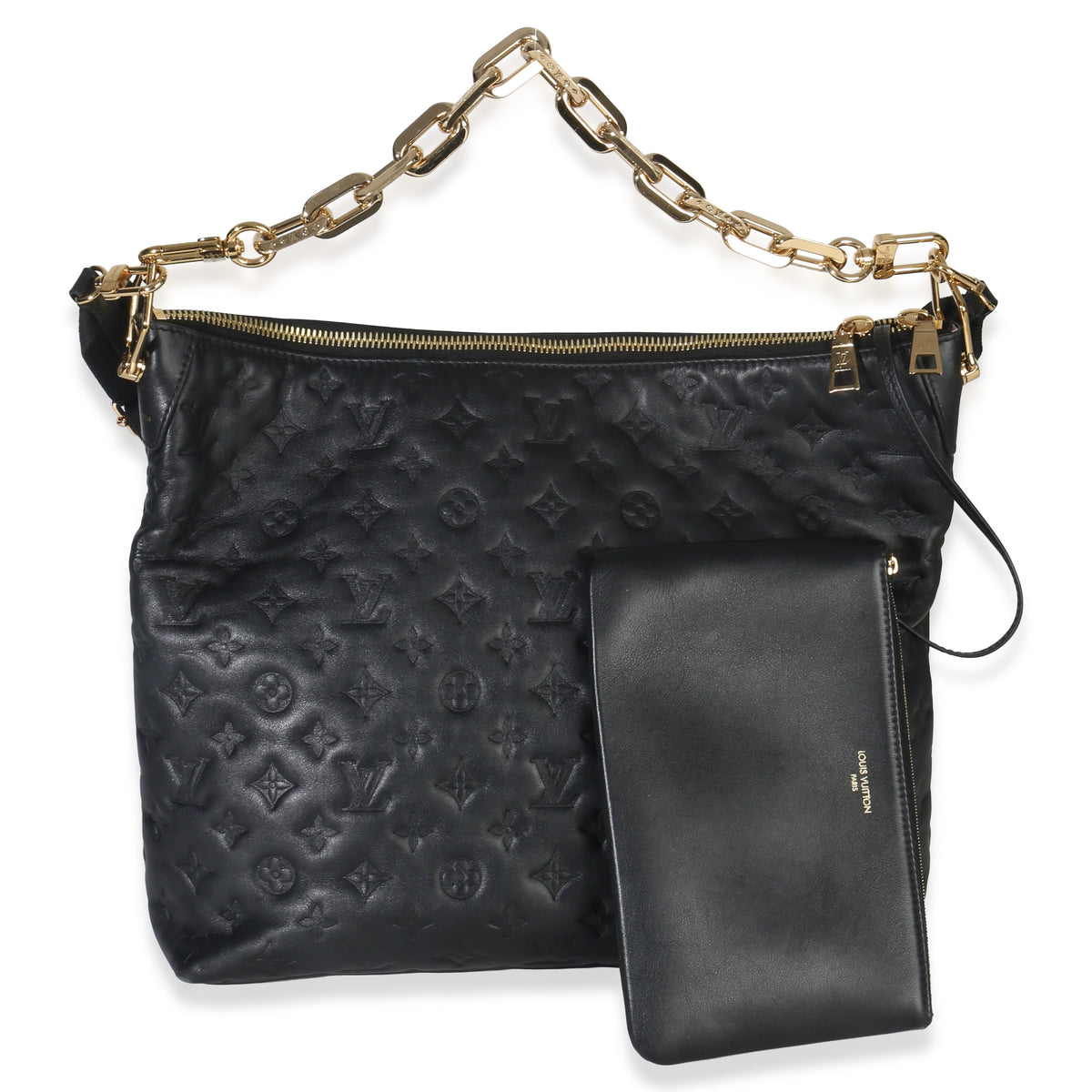 Louis Vuitton Black Monogram Embossed Lambskin Coussin MM Hobo Handbag stamp