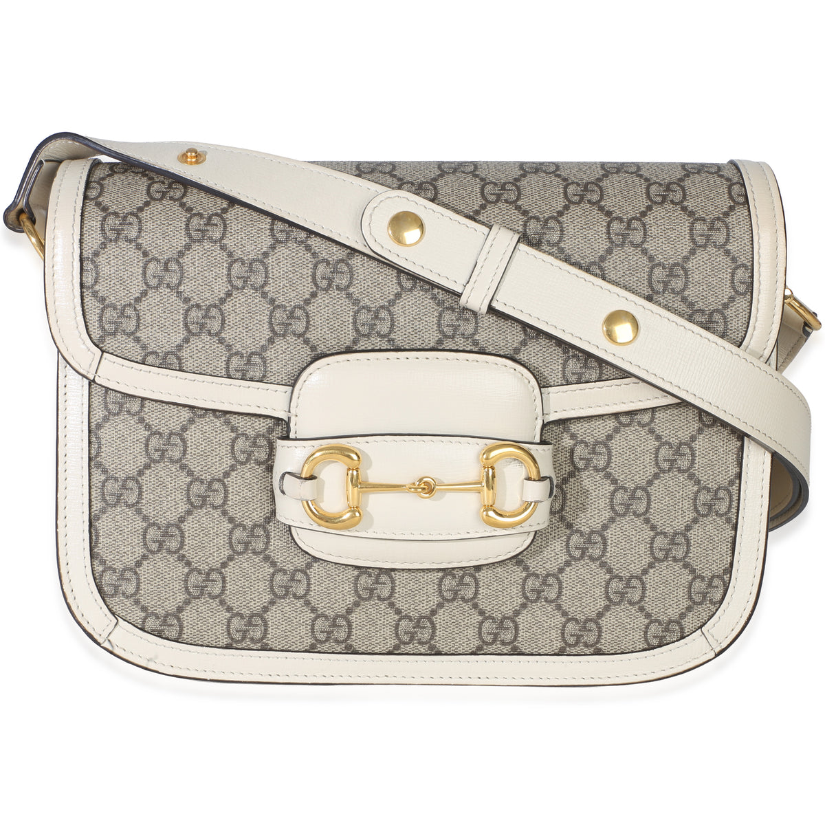 Gucci Mystic White Beige GG Supreme Azalea Calfskin Horsebit 1955 Shoulder Bag Handbag fv