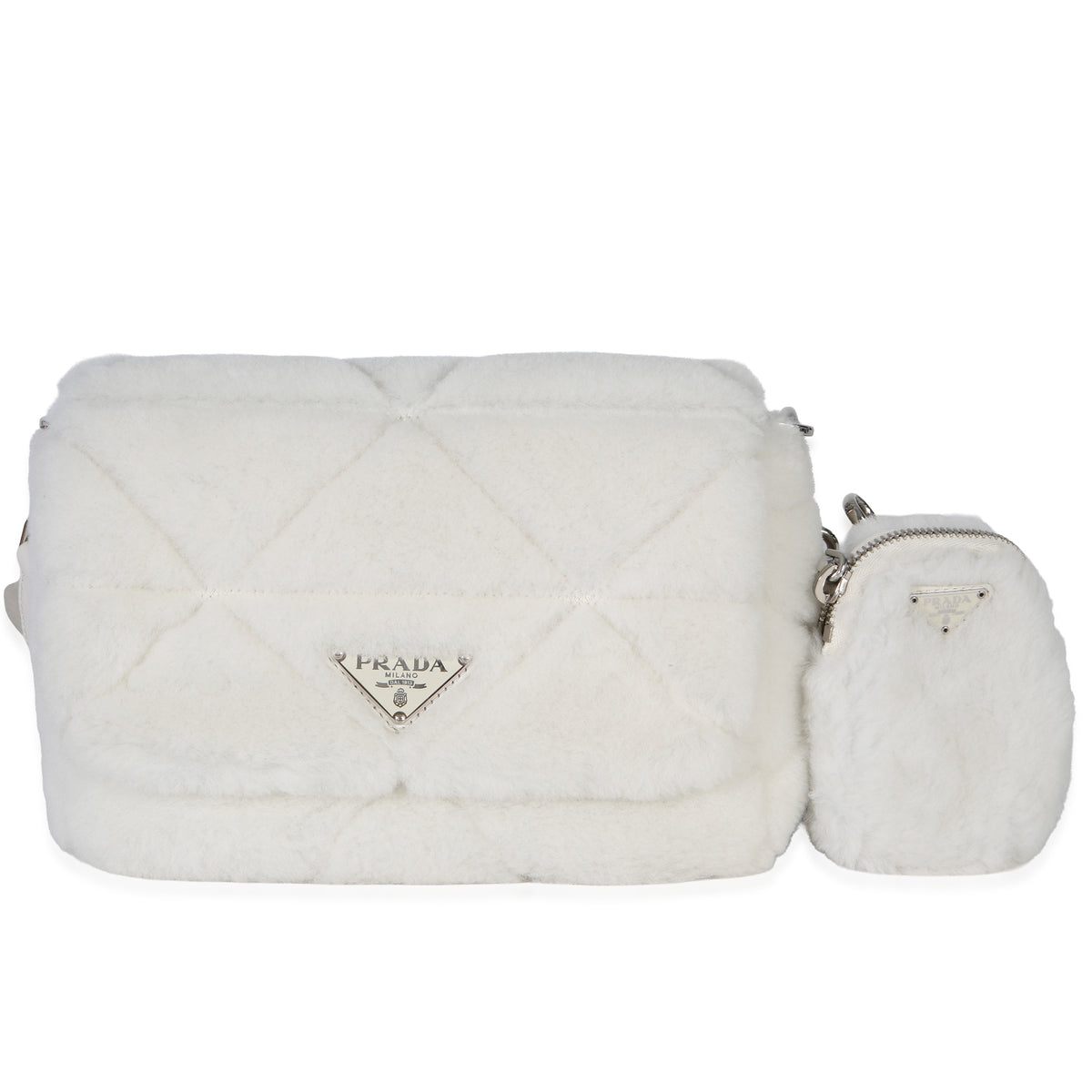 Prada White Shearling Patchwork System Flap Bag Handbag fv