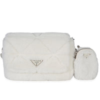 Prada White Shearling Patchwork System Flap Bag Handbag fv