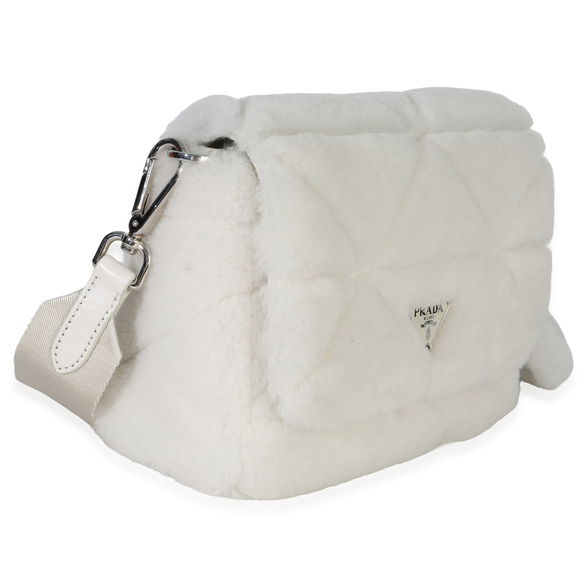 Prada White Shearling Patchwork System Flap Bag Handbag pv
