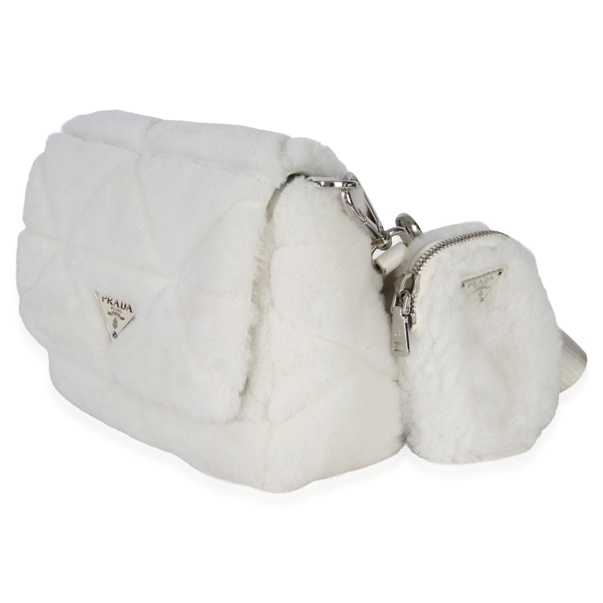 Prada White Shearling Patchwork System Flap Bag Handbag sv