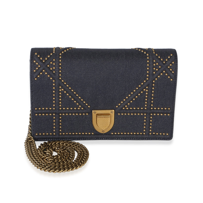 Christian Dior Blue Denim Studded Diorama Wallet On Chain Handbag fv