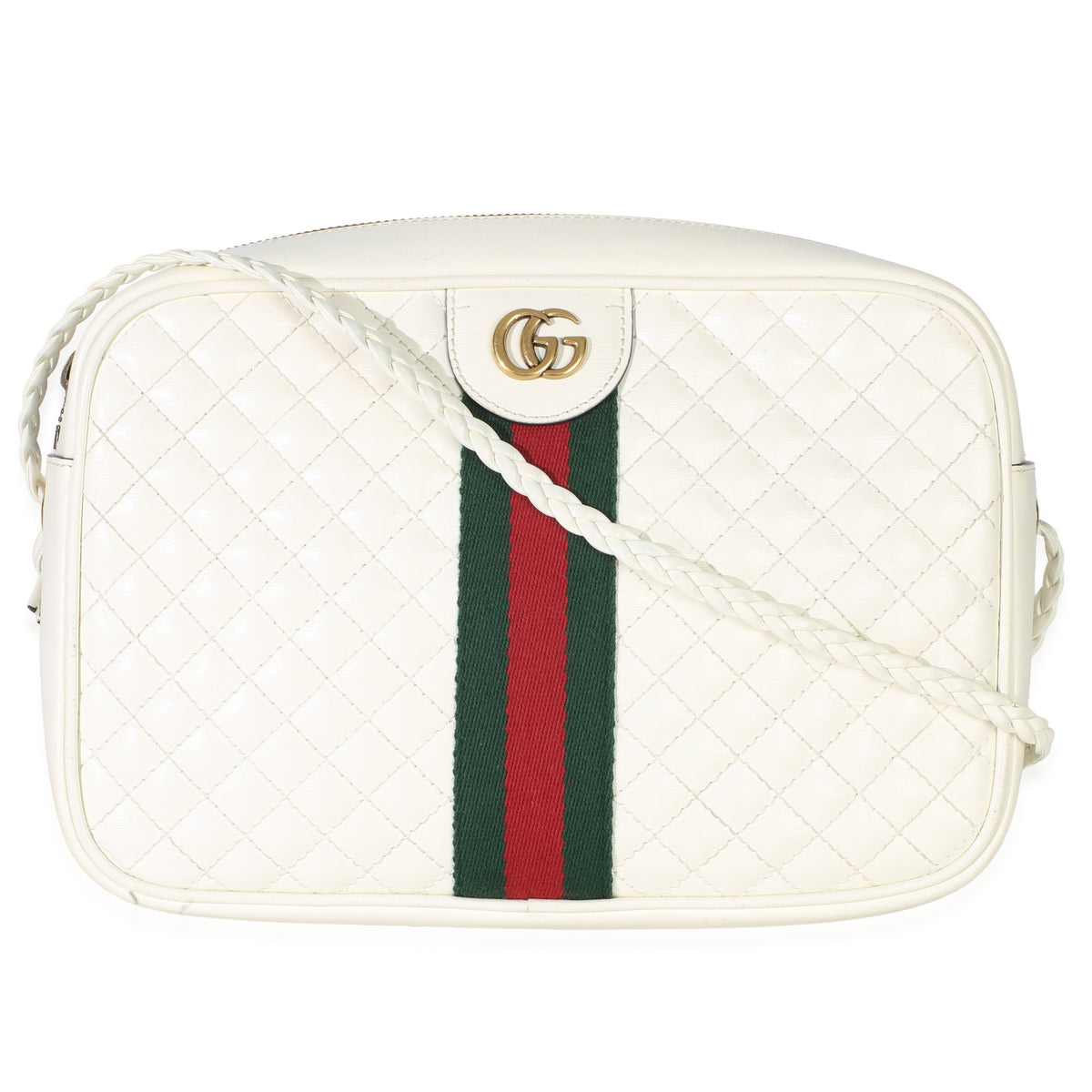 Gucci White Calfskin Web Trapuntata Medium GG Shoulder Bag Handbag fv